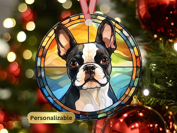 Personalized Boston Terrier Stained Glass Effect Metal Christmas Ornament, Dog Lover Ornament, Dog Mom Gift, Custom Dog Memorial Ornament