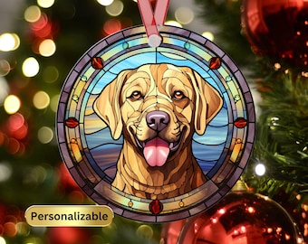 Personalized Yellow Labrador Retriever Stained Glass Effect Metal Christmas Ornament, Dog Lover Ornament,Dog Mom Gift, Dog Memorial Ornament