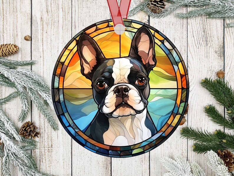Pu&ograve; includere: Ornamento natalizio rotondo con un cane Boston Terrier in un design a vetrata. Il cane ha segni bianchi e neri con occhi marroni, su uno sfondo di tonalit&agrave; arancioni, gialle e blu. Un nastro rosso &egrave; attaccato per appenderlo.