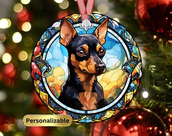 Personalized Miniature Pinscher Stained Glass Effect Metal Christmas Ornament, Dog Lover Ornament,Dog Mom Gift, Custom Dog Memorial Ornament