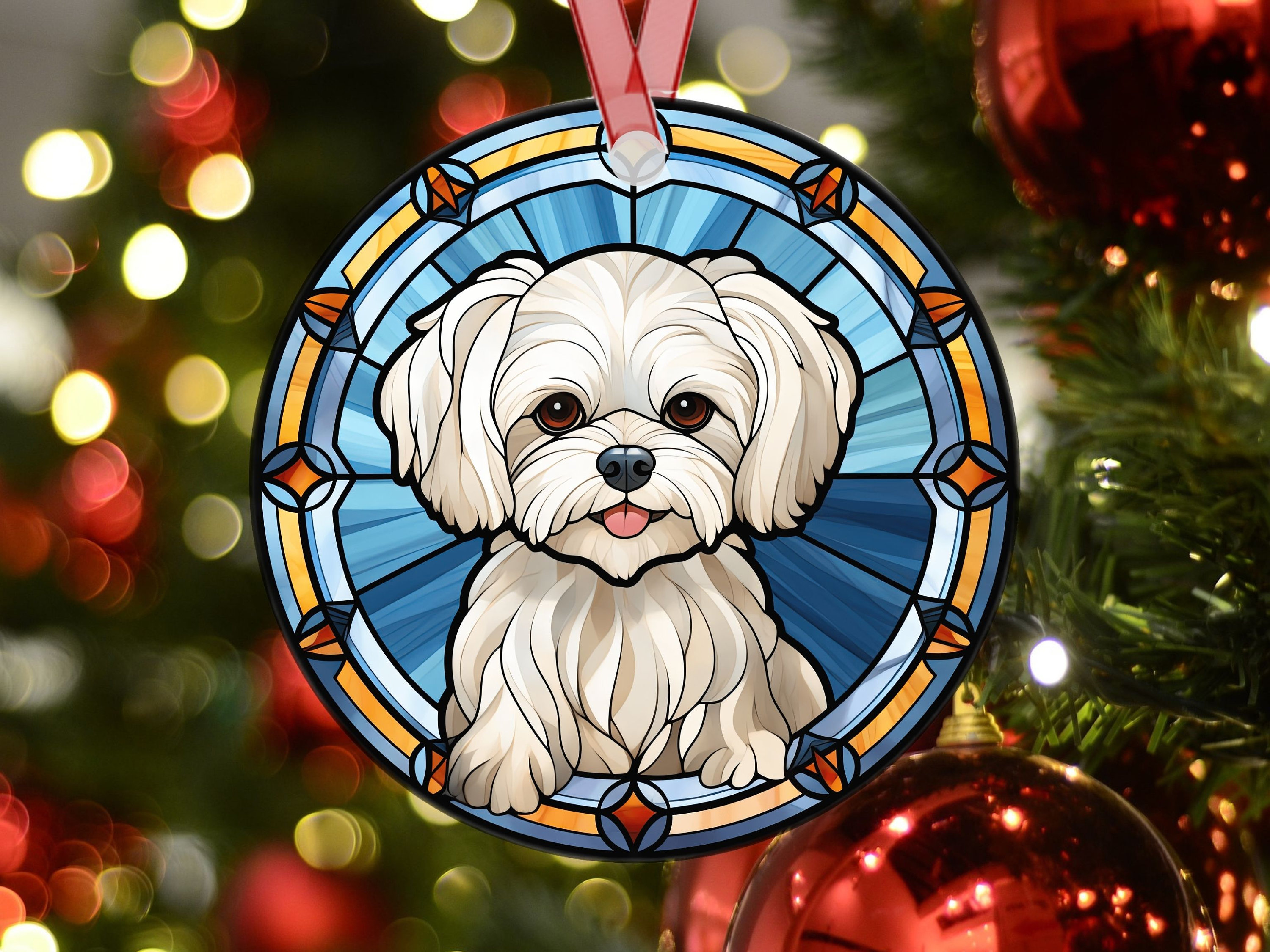 Personalized Maltese Stained Glass Effect Metal Christmas Ornament