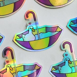 Happy Duck Swimming in an Umbrella Holographic Vinyl Sticker Weatherproof