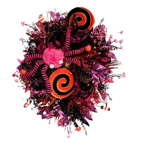 Pink Black and Orange Halloween Wreath with Spiders and Swirls, Spooky Front Door Decor, Fun Halloween Wreath, Handmade Halloween Decor
