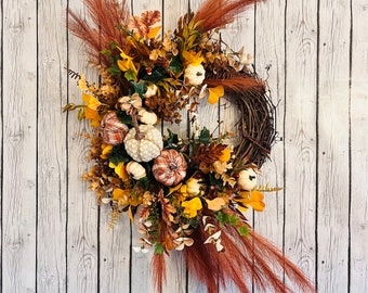 Rustic Pumpkin Wreath for Fall Door Decor, Farmhouse Fall Twig Wreath, Plaid Pumpkin and Floral Porch Decoration for Fall