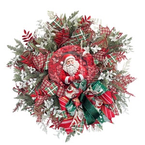 Handmade Santa Christmas Wreath: Red Green Plaid Holiday Decor