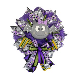 Halloween Bat Wreath, Purple and Green Halloween Decor, Cute Bat Door Hanger, Spooky Halloween Wreath, Handmade Halloween Decoration