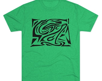 May include: A green t-shirt with a black abstract design on the front.