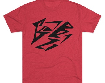 May include: Red t-shirt with a black abstract design. The graphic is a stylized arrangement of angular shapes. The shirt has short sleeves and a crew neck. The fabric has a heathered texture.