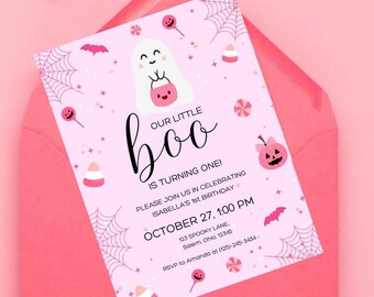 First halloween Birthday, Our little boo theme birthday, Halloween Birthday Invite Template, Pink Girly Halloween Birthday invite, pink