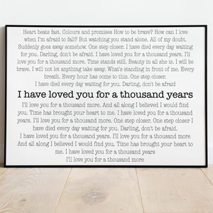 Marco con letra de canción de boda, impresión de archivo digital de canción de boda, regalo de boda con la letra "Te he amado durante mil años", regalo de baby shower