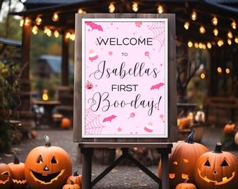 Halloween Welcome Sign, First boo day halloween welcome sign, Halloween birthday party pack, our little boo halloween welcome sign template