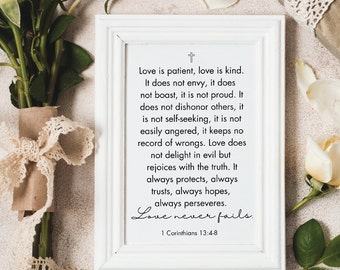 Love is patient, love is kind quote printable wedding gift, Newlywed religious wedding gift, 1 Corinthians 13:4, Catholic wedding gift,