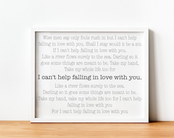 Can't help falling in love with you Elvis Presley Kacey Musgraves, Song Lyrics Wedding Gift, Wedding song, Bride gift, Bridal Shower Gift