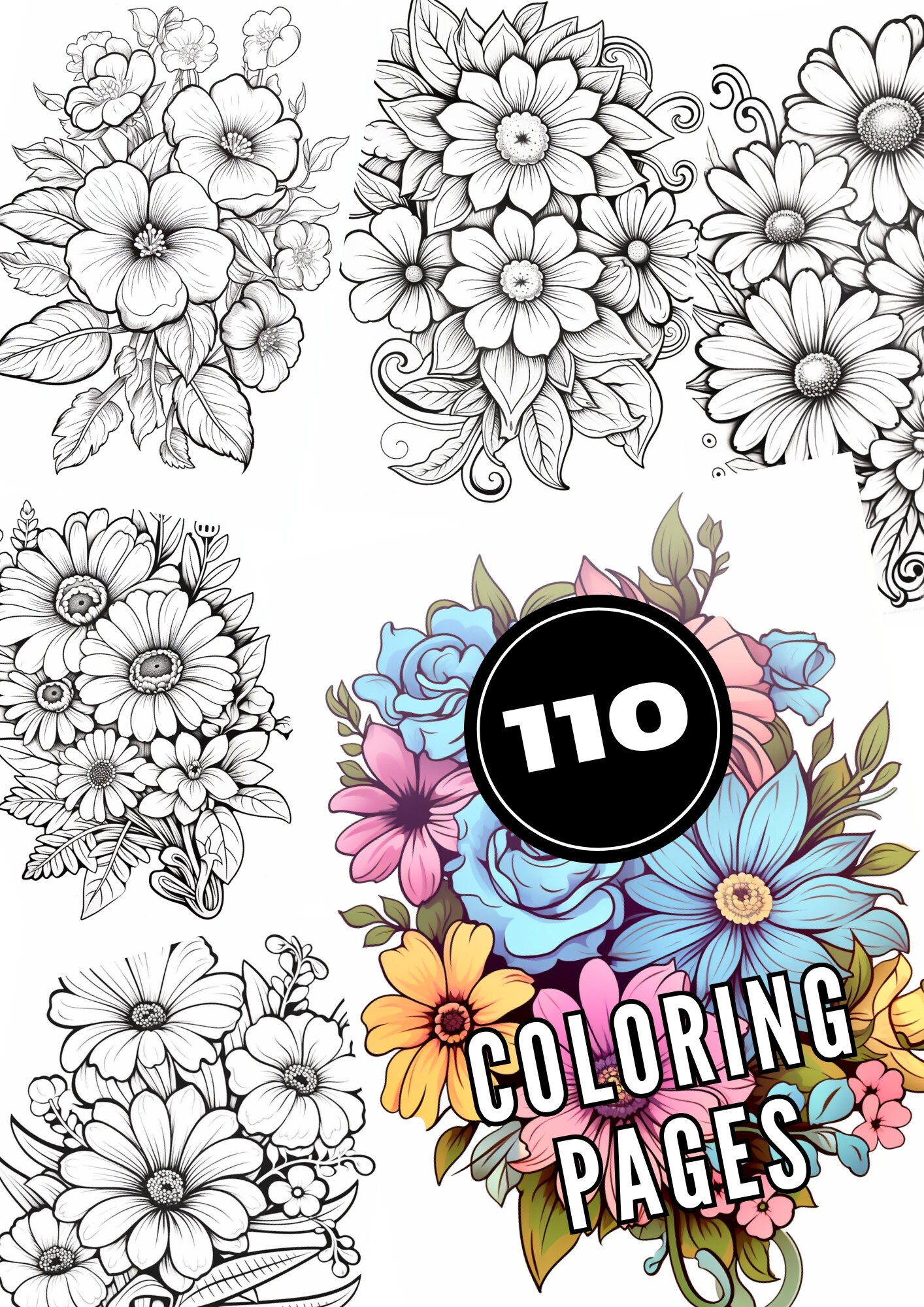Flower Coloring Book: 110 Beautiful Designs for Mindful Relaxation Instant  Download 