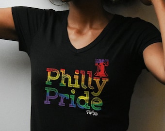 Philadelphia LGBTQ Pride V-Neck T-shirt: Rainbow Philly Pride Ally Gift