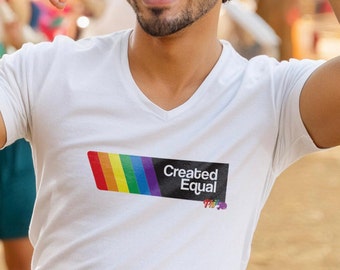Created Equal LGBTQ Pride V-Neck T-Shirt: Rainbow Inclusion Gift