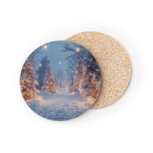 Dessous de verre forêt de pins enneigé | Scène de neige en hiver, fond liège