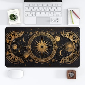 Celestial Desk Mat - Moon Phases, Art Nouveau Witch Aesthetic, Green Dark, Cottagecore Mousepad, Extended Cute space mouse Desk Mat