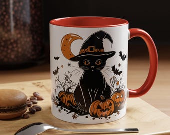 Personalized Cat Mug Halloween Gift, Black Cat Witchy Mug, Cat Lover Mug, Custom Mug Birthday Gift, Pumpkin Mug Gift, Coffee Tea Lovers Gift