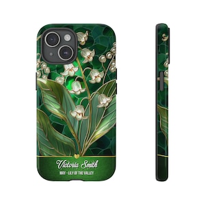 May Birth Flower Stained Glass Personalized Tough iPhone Case with Magsafe. iPhone 15 14 13, Samsung Galaxy S24, Pixie 8 phone case gift