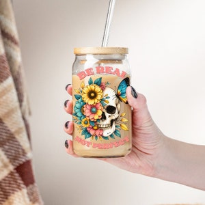 Daily affirmation 16 oz Libbey Glass Cup With Lid And Straw, Personalized Iced Coffee Cup, Sipper Glass gift  Bubble Tea/Coffee Glass idea