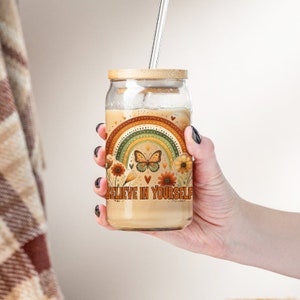 Motivation 16 oz Libbey Glass Cup with Lid and Straw, Personalized Iced Coffee Cup, Sipper Glass gift, Bubble Tea/ ice Coffee Glass tumbler