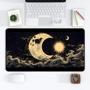 Celestial Desk Mat - Ying Yang Antique Sun, Moon, Star |Elegant Astrological Horoscope Design|Chic Workspace Decor|Gift for Astrology Lovers