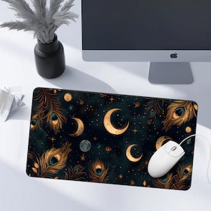 Peacock Desk Mat, Celestial Desk Pad, Cosmic Night, Night Sky Desk Mat, Large Elegant Mousepad, Office Decor, Celestial