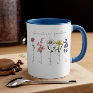 Caneca de flor de nascimento personalizada, presente da mãe - xícara de café personalizada do jardim da vovó com nome, presente de dia das mães para a vovó, caneca de café exclusiva da mãe