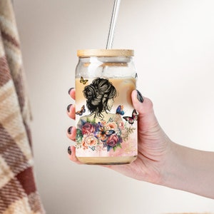 Daily affirmation 16 oz Libbey Glass Cup With Lid And Straw, Personalized Iced Coffee Cup, Sipper Glass gift, Bubble Tea/Coffee Glass idea