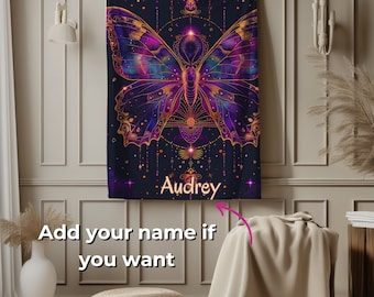 Moth floral butterfly Custom name Blanket, Celestial Vintage gift, gift for dad, Mother&#39;s Day Gift, CottageCore Blanket gift, Sherpa Fleece