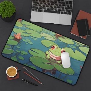 Frog Desk Mat Set: Kawaii Gaming Mouse Pad, Adorable Frog Deskpad, Lily Pad Themed Laptop Mat - Cute Desk Accessories for Kawaii Desk Decor