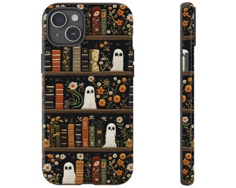 Cute Bookish Ghosts Phone Case, Spooky Faux Embroidery, Whimsical Halloween iPhone MagSafe, Pixel 8 Pro Samsung S24 Ultra, Book Lover Gift