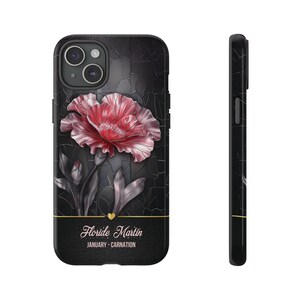 Personligt iPhone-skal med färgat glas, blomma i januari och Magsafe. iPhone 15 14 13, Samsung Galaxy-skal, Pixie 8-telefonskal.