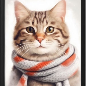 Cat poster, scarf, decoration, cute, feline, wall art, stylish, home decor, animal lover winter, home ambiance, delightful pet art,