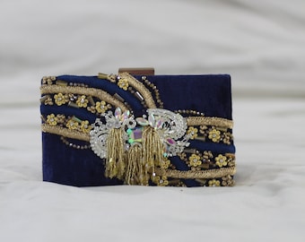 Wedding Clutch bag minimalist azure blue purse for women bridal box velvet handbag sling evening beaded classy elegant motif Swarovski bag