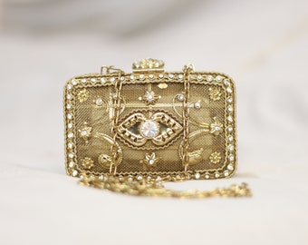 Rectangular embossed bronze beautiful metal coin pouch indian art design vintage clutch purse crystal embellishments box bag women's wedding