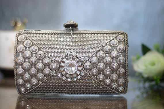 Silver clutch for wedding Exquisite silver metal clutch with mosaic metal embroidery on all sides. Wedding clutch for women bride bag purse