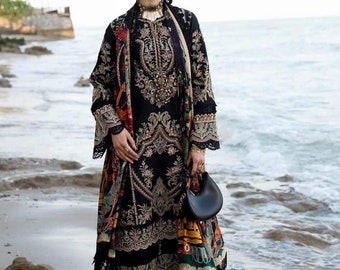 Pakistani unstitched suit black semi stitched kurti dupatta premium printed indian traditional beautiful Kashmir suits mother ethnic cotton