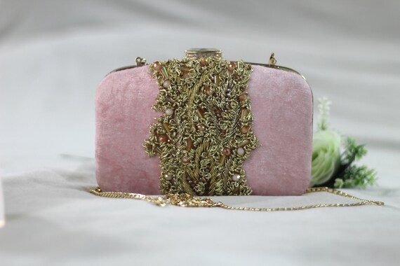 Pink Embroidered Clutch Velvet Designer Bag Wedding Ethnic Gift