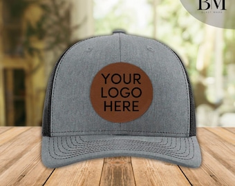 Personalized leatherette patch hat with logo, custom trucker hat, business logo, Laser Engraved Logo,  Custom Company Logo