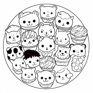 May include: A black and white illustration of a circular design filled with various cartoon animal faces, including bears, hedgehogs, and other creatures. Some are in cupcake shapes, others are in a circle. The design is suitable for coloring or crafting projects.