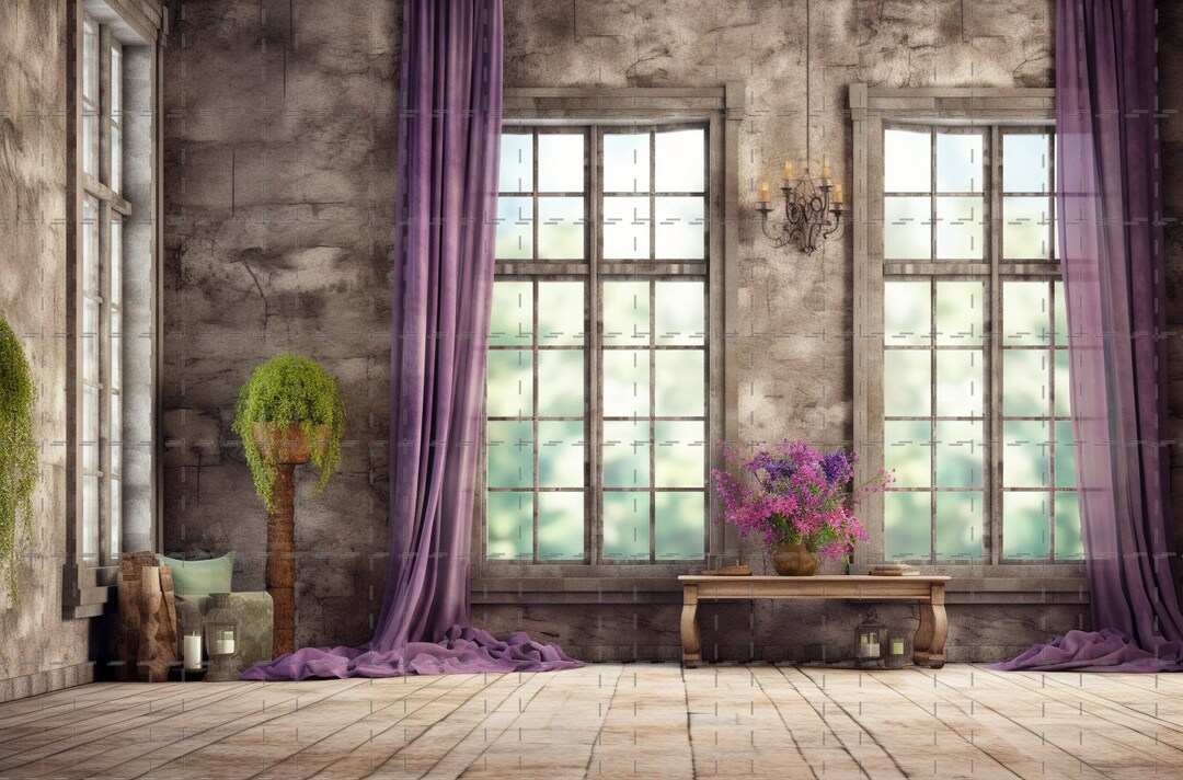 Digital Backdrop, Interior Corner of Stone Walls and Purple Sheers ...
