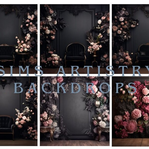 Black Florals Digital Backdrops | Photography | Portfolio | Maternity | Elegant | Overlays