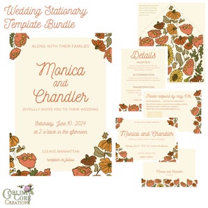May include: Wedding stationery template bundle with floral designs in orange, yellow, and green. The template includes a save the date, invitation, and details card. The text on the invitation reads "Monica and Chandler joyfully invite you to their wedding, Saturday, June 10, 2024 at 2 o'clock in the afternoon, 123 Ave, Manhattan, reception to follow."