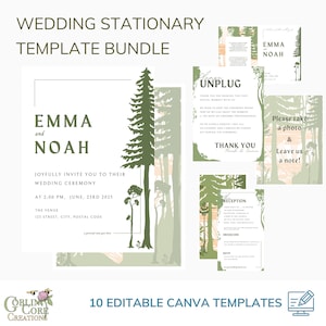 Puede incluir: Un conjunto de 10 plantillas de Canva editables para papelería de boda. Las plantillas presentan un tema de bosque con árboles verdes y una puesta de sol rosa melocotón. El texto en las plantillas dice "Emma y Noah" e incluye detalles sobre su ceremonia de boda, recepción e información de RSVP. Las plantillas están diseñadas para una fácil personalización y se pueden usar para crear un conjunto de boda cohesivo y elegante.