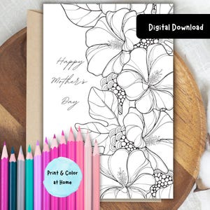 Tarjeta para colorear del Día de la Madre con Malvarrosas / Descarga digital imprimible / Tarjeta para imprimir en casa / Tarjeta del Día de la Madre con Malvarrosas para colorear