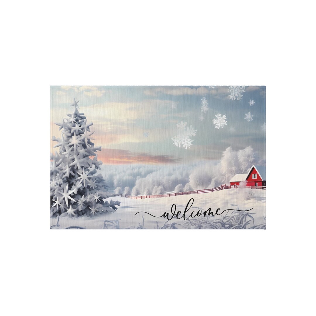 Farm House Outdoor Rug Winter Barn With Christmas Tree Scene Etsy