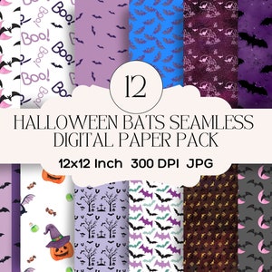 Zestaw 12 nietoperzy Halloween bezszwowe wzory papierowe jpeg, pobieranie cyfrowe, 12 x 12 cali 300 dpi