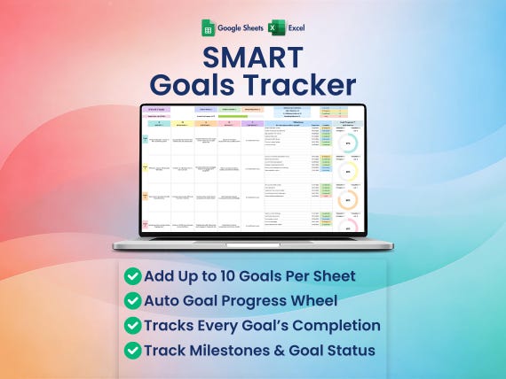SMART Goals Template for Excel and Google Sheets | 10 Goals Per Sheet | Goal Progress